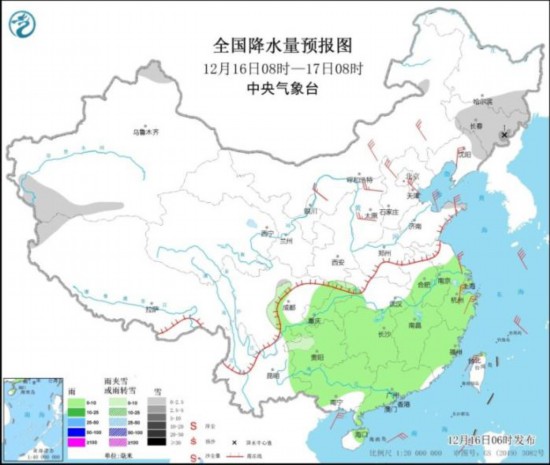 全國(guó)降水量預(yù)報(bào)圖(12月16日8時(shí)-17日8時(shí))